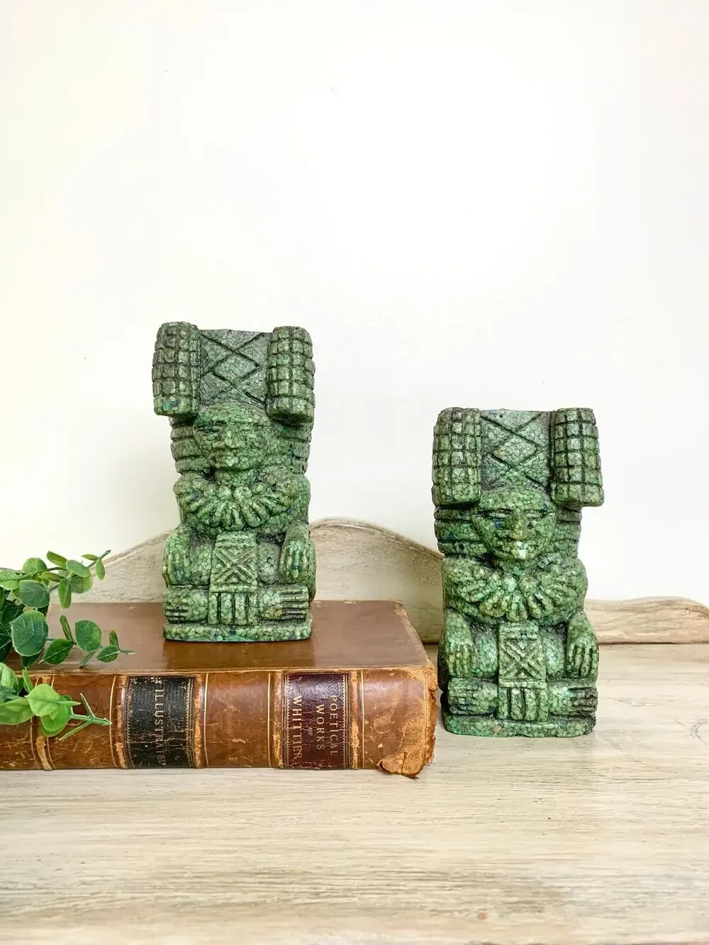 Vintage Mexican Crushed Malachite Aztec Style Figural Bookends Southwestern